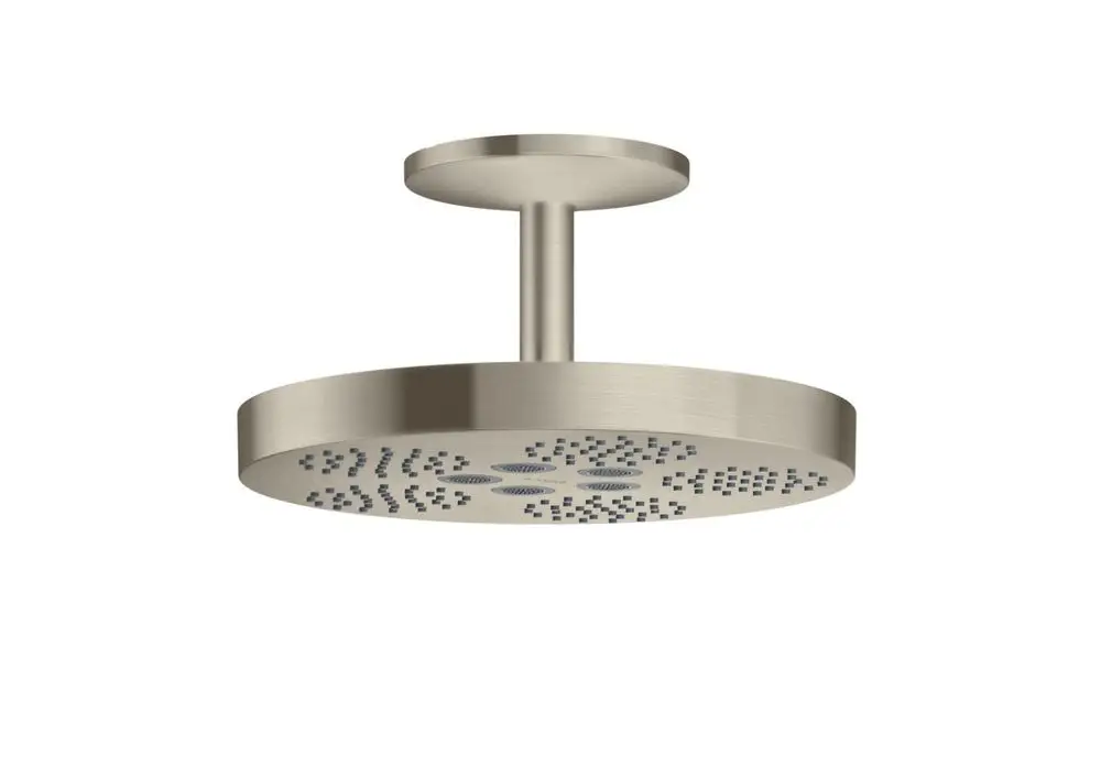 Kopfbrause mit Deckenanschluss in brushed nickel, präsentiert von AXOR. Runde Form mit gleichmäßig verteilten Düsen auf der Unterseite.